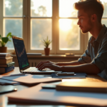 Mastering Blockchain and Crypto Education: A Beginner's Guide to Investing in Cryptocurrencies Safely "A young adult sits at a wooden desk, surrounded by books on blockchain technology and finance, with a laptop open to a cryptocurrency trading platform, exuding confidence and calmness while poised to make an investment decision."