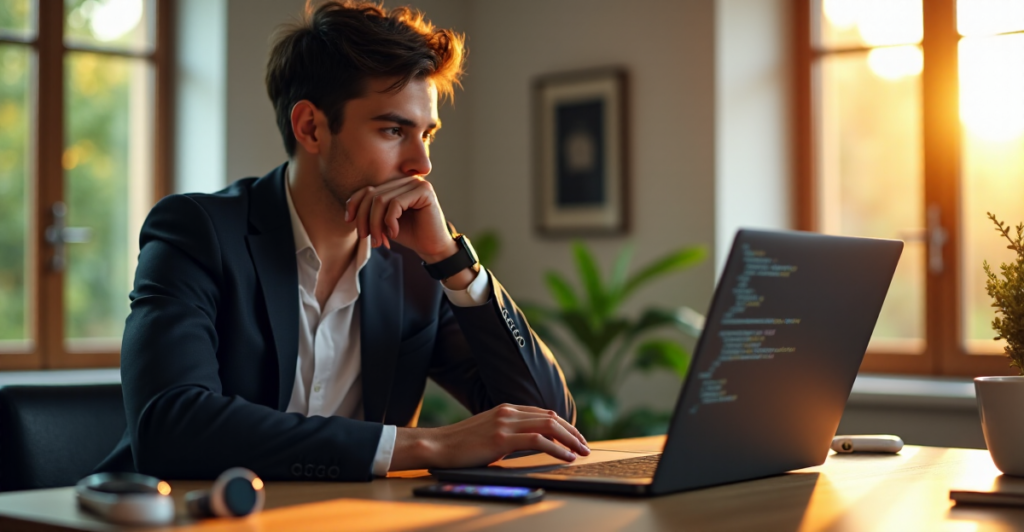 "A young professional sits confidently at a desk, coding on their laptop with AI automation skills in focus."