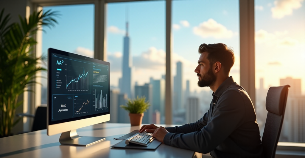 "An entrepreneur seated confidently at a modern desk, surrounded by lush greenery and cityscape, intensely focused on AI automation dashboard."