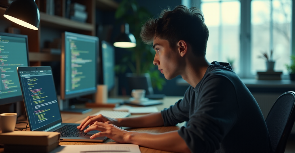 "A young adult sits at a cluttered desk, focused on debugging an algorithm with AI automation skills in mind."