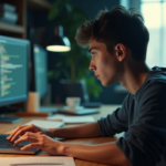 Mastering AI and Automation Skills: Overcoming Common Learning Challenges "A young adult sits at a cluttered desk, focused on debugging an algorithm with AI automation skills in mind."