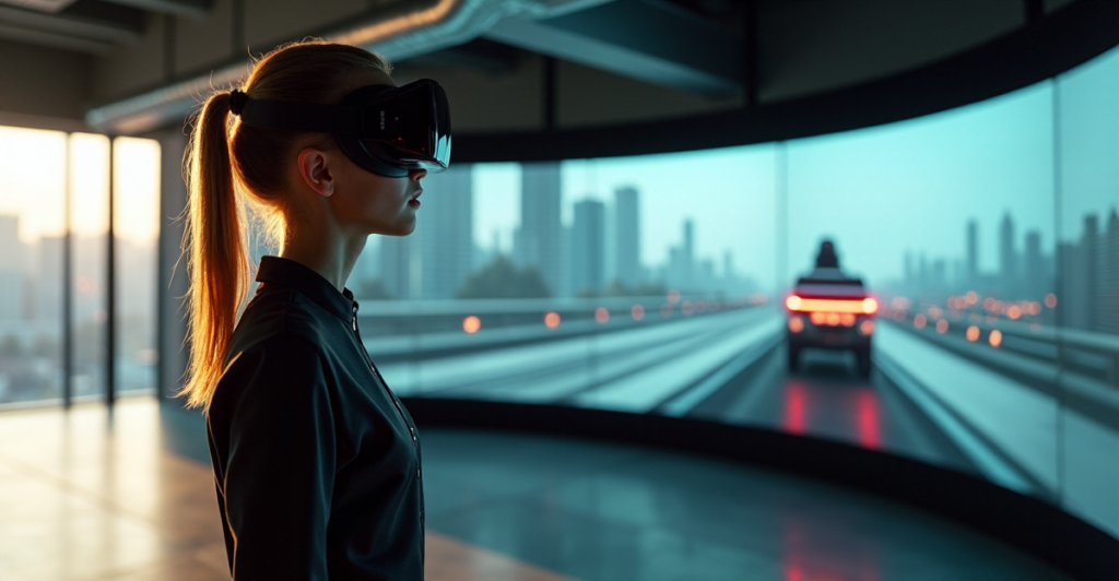 "A young cybersecurity expert stands confidently in front of a futuristic VR training simulator, focused on acquiring future-proof skills to combat cyber threats."