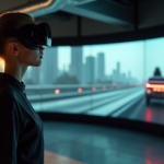 "A young cybersecurity expert stands confidently in front of a futuristic VR training simulator, focused on acquiring future-proof skills to combat cyber threats."