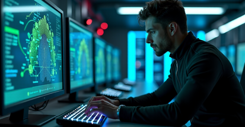 "A cybersecurity expert intensely focuses on a high-resolution computer screen displaying a complex network diagram in a futuristic control room with soft blue LED lighting."