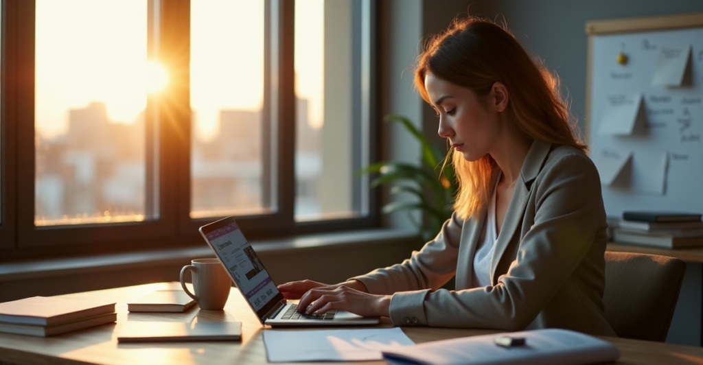A young professional woman sits at a wooden desk surrounded by digital devices, books, and educational resources, focused on future-proofing her career through continuous skill development.