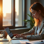 A young professional woman sits at a wooden desk surrounded by digital devices, books, and educational resources, focused on future-proofing her career through continuous skill development.