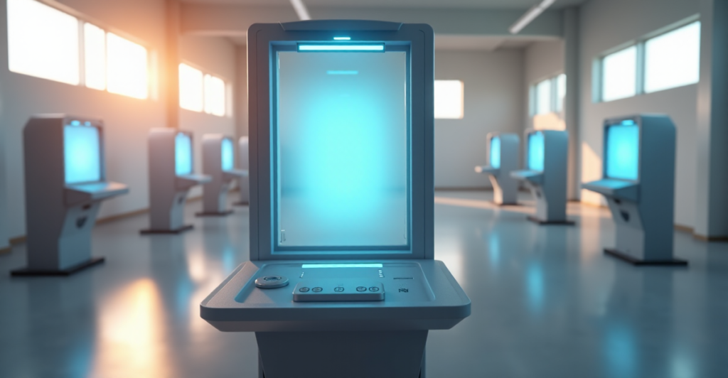 "Image of a futuristic voting booth with blockchain-based system, showcasing secure cryptocurrency wallet and transparent glass screen."