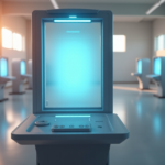 "Image of a futuristic voting booth with blockchain-based system, showcasing secure cryptocurrency wallet and transparent glass screen."
