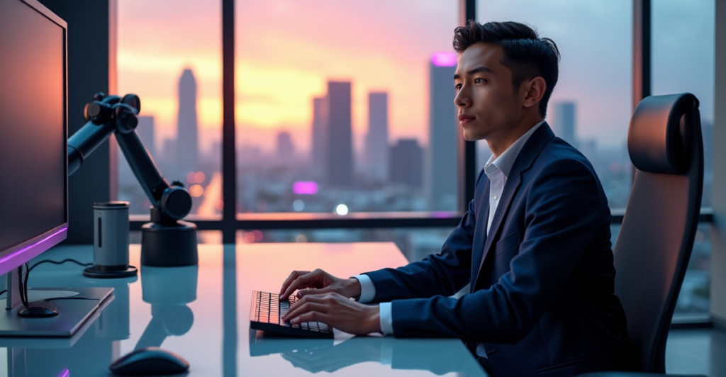 "A young professional sits confidently at a futuristic desk surrounded by AI-powered devices, conveying future-proof skills in coding and data analysis."