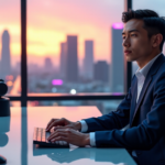 "A young professional sits confidently at a futuristic desk surrounded by AI-powered devices, conveying future-proof skills in coding and data analysis."