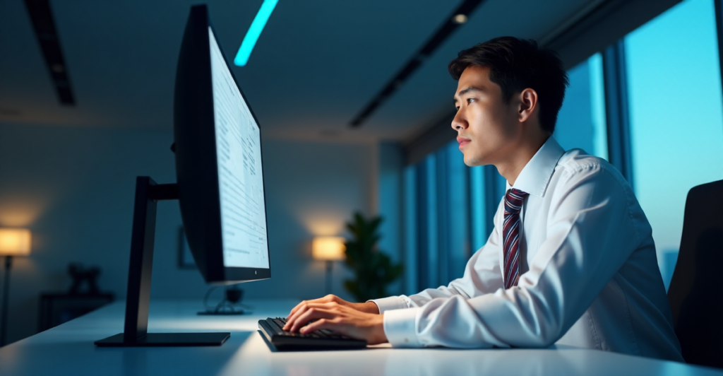 "A young professional sits attentively at a desk, focused on a cybersecurity training simulation program with hands poised over the keyboard."