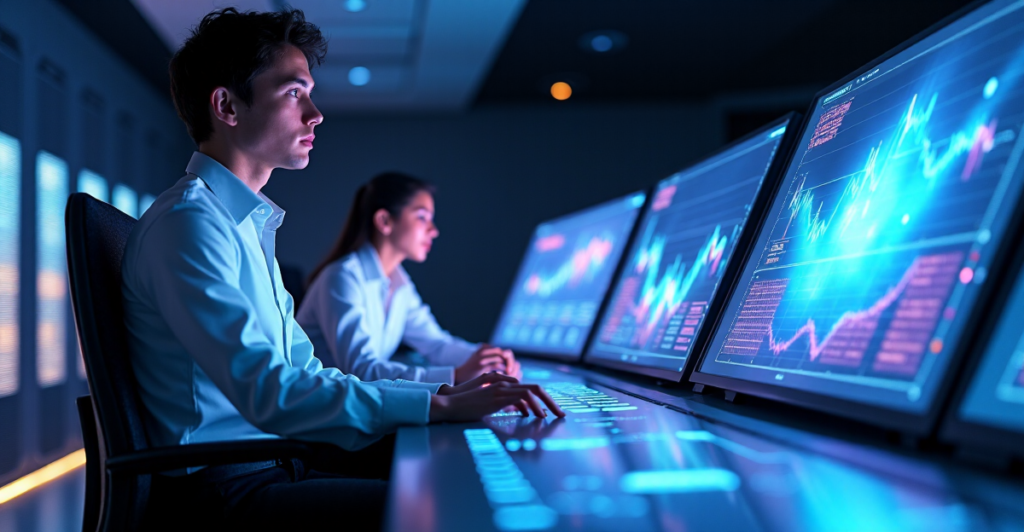 "An image of a data analyst in a futuristic control room, surrounded by cloud-based data visualizations and AI-driven analytics tools, showcasing calm confidence and intense focus on developing AI automation skills."