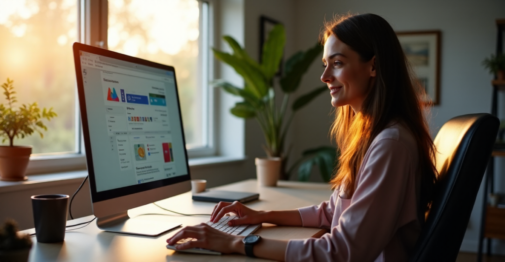 A remote worker sits calmly at a minimalist desk, surrounded by productivity tools like Trello, Asana, Zoom, Google Drive, and RescueTime, exuding focus and contentment in a serene home office space.