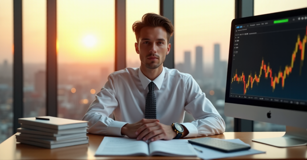 "A young professional in crisp white attire sits confidently at a wooden desk, surrounded by financial publications and high-tech gadgets, with a computer screen displaying fluctuating cryptocurrency prices behind them."