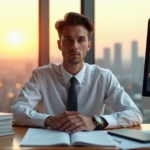 "A young professional in crisp white attire sits confidently at a wooden desk, surrounded by financial publications and high-tech gadgets, with a computer screen displaying fluctuating cryptocurrency prices behind them."