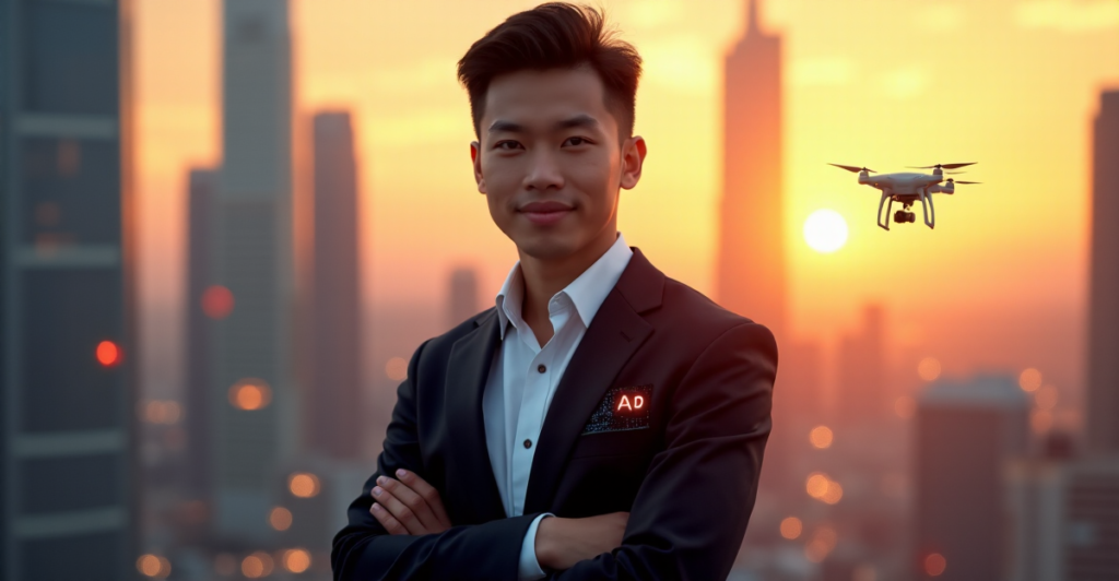 "A young professional stands confidently in front of a futuristic cityscape at sunset, conveying determination and optimism with AI Automation Skills as key to their future-proof career."