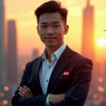 "A young professional stands confidently in front of a futuristic cityscape at sunset, conveying determination and optimism with AI Automation Skills as key to their future-proof career."