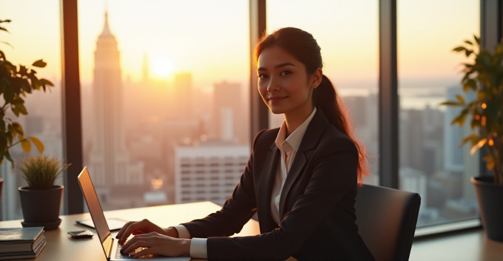 "A young professional woman sits confidently at her desk in a modern office with a cityscape view during sunrise, conveying determination and focus on future-proof skills."