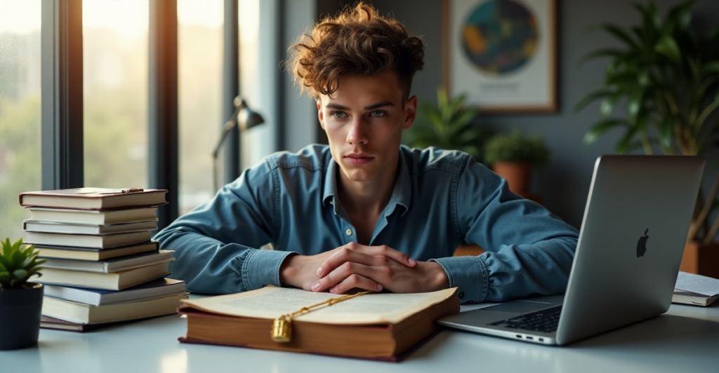 "A young adult sits at a minimalist desk surrounded by blockchain and cryptocurrency objects, intensely studying on a laptop with hands placed on a leather-bound book."