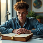"A young adult sits at a minimalist desk surrounded by blockchain and cryptocurrency objects, intensely studying on a laptop with hands placed on a leather-bound book."