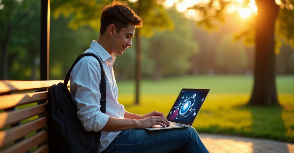 "A young adult sits on a wooden bench in a serene park setting, typing on a laptop with precision, surrounded by lush greenery and vibrant animation of interconnected gears representing online learning platforms for AI automation skills."