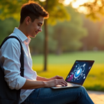 "A young adult sits on a wooden bench in a serene park setting, typing on a laptop with precision, surrounded by lush greenery and vibrant animation of interconnected gears representing online learning platforms for AI automation skills."
