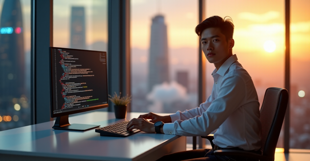 "A young professional sits confidently at a desk in a high-tech office environment, surrounded by futuristic cityscapes, with a focus on developing AI Automation Skills."