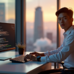 "A young professional sits confidently at a desk in a high-tech office environment, surrounded by futuristic cityscapes, with a focus on developing AI Automation Skills."