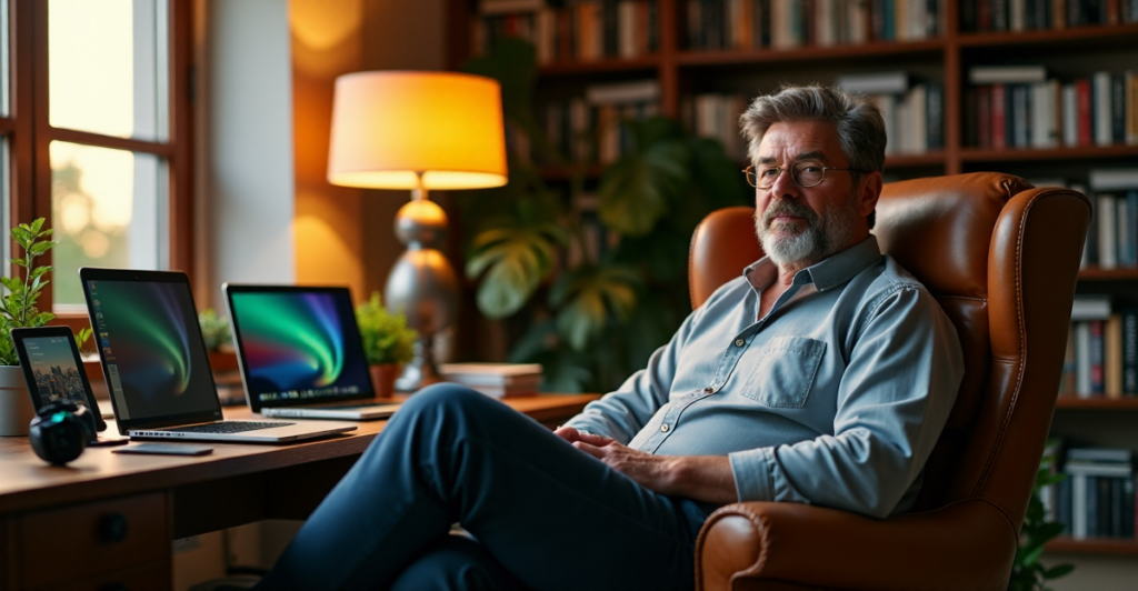 A middle-aged man sits comfortably in a dimly lit study surrounded by tech gadgets and futuristic robots, exuding satisfaction and accomplishment amidst warm golden light.