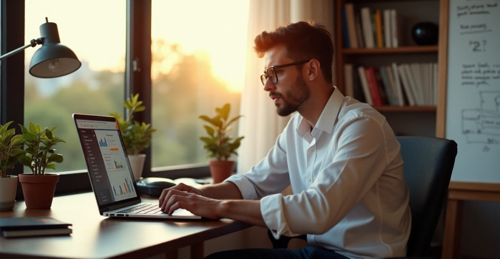 "A young freelancer sits confidently at a modern desk, surrounded by tools and gadgets, with a laptop open to an AI-powered automation software interface, conveying optimism and success in developing AI Automation Skills."