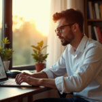 "A young freelancer sits confidently at a modern desk, surrounded by tools and gadgets, with a laptop open to an AI-powered automation software interface, conveying optimism and success in developing AI Automation Skills."