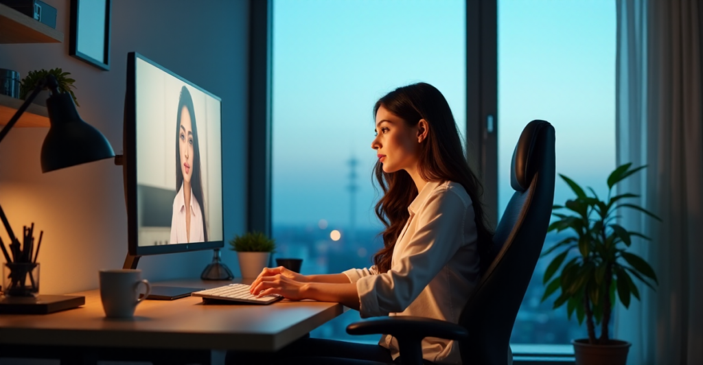 "A young professional sits in a modern home office, surrounded by technology and organized workspace essentials, mastering remote work skills with AI automation tools."