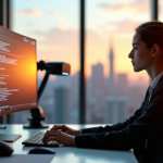 A young professional sits confidently at a modern desk, surrounded by AI-powered software and futuristic devices, intensely focusing on their work with determination and future-readiness.