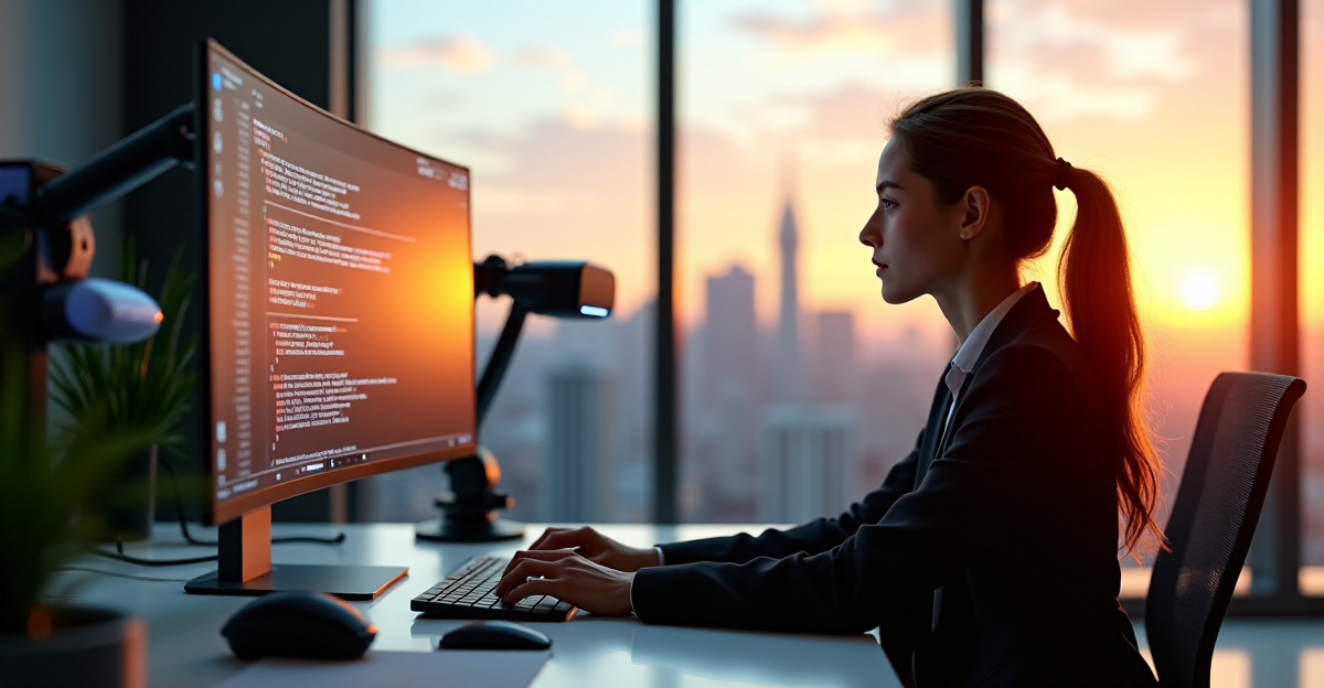 A young professional sits confidently at a modern desk, surrounded by AI-powered software and futuristic devices, intensely focusing on their work with determination and future-readiness.