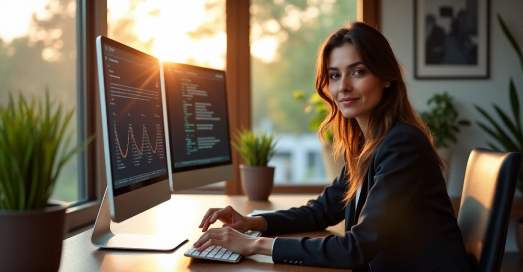 "A woman sits confidently in a modern home office, surrounded by AI automation skills displayed on high-resolution screens, with lush greenery and art pieces adding to the space."
