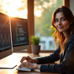 Achieve Remote Work Mastery with Key AI Automation Skills "A woman sits confidently in a modern home office, surrounded by AI automation skills displayed on high-resolution screens, with lush greenery and art pieces adding to the space."
