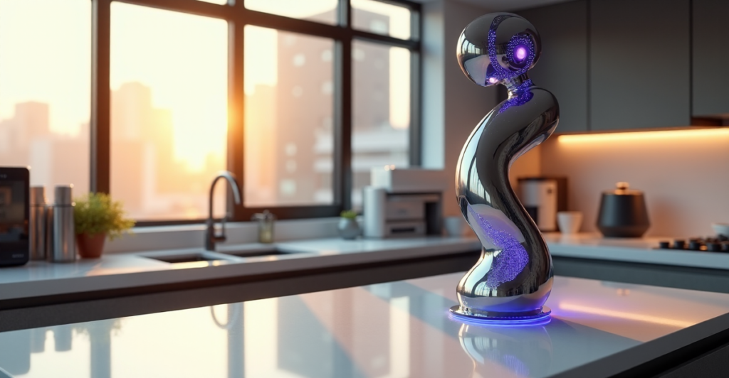 "A futuristic kitchen featuring a sleek robotic arm with LED lights, surrounded by high-tech gadgets, showcasing AI automation skills in a polished, modern setting."