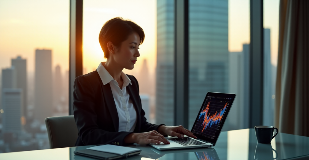 "A confident businesswoman sits at her modern desk, surrounded by cutting-edge technology, gazing at a data visualization graph on her laptop, embodying future-proof skills in a high-rise office setting."
