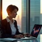 "Master Career Advancement Strategies with Proven AI-Powered Insights and Data-Driven Decision Making" "A confident businesswoman sits at her modern desk, surrounded by cutting-edge technology, gazing at a data visualization graph on her laptop, embodying future-proof skills in a high-rise office setting."