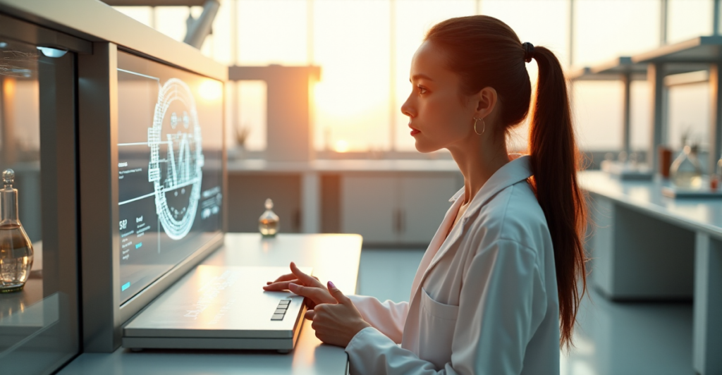 "A young woman in a lab coat stands before a futuristic console, surrounded by high-tech equipment, with an expression of wonder and curiosity."