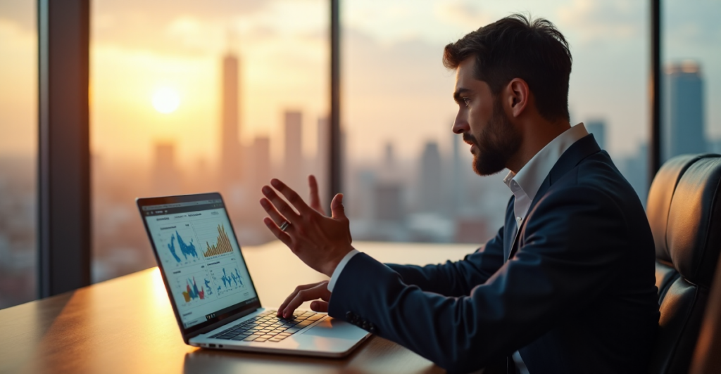 "A high-level executive intensely studying data visualization dashboard on a laptop, surrounded by cityscape at sunset, conveying expertise in future-proof skills."