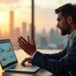 "A high-level executive intensely studying data visualization dashboard on a laptop, surrounded by cityscape at sunset, conveying expertise in future-proof skills."