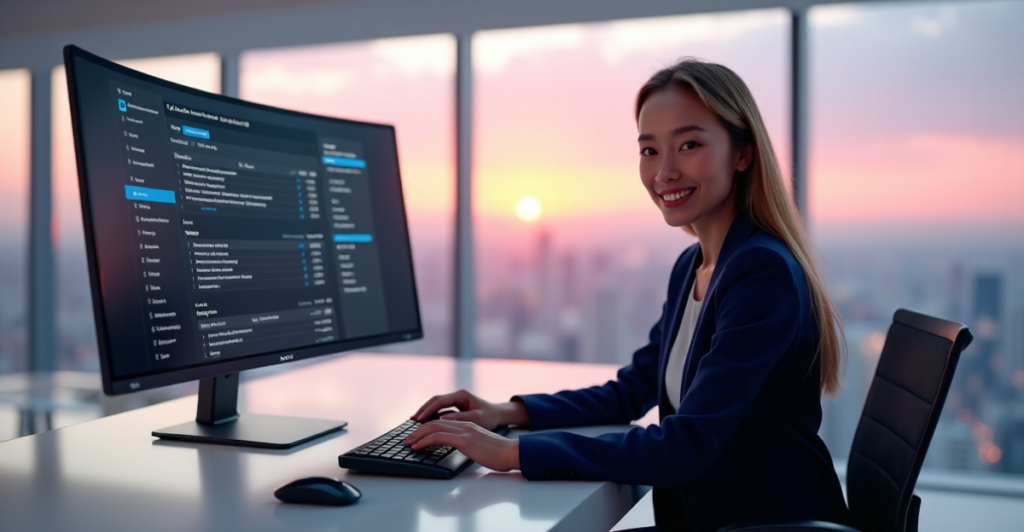 A young professional woman sits confidently at a desk, using an AI-powered career advancement platform, exuding confidence and optimism while developing future-proof skills in a futuristic office space.