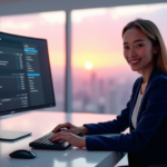 "Future-Proof Your Career with Essential AI-Powered Advancement Strategies" A young professional woman sits confidently at a desk, using an AI-powered career advancement platform, exuding confidence and optimism while developing future-proof skills in a futuristic office space.