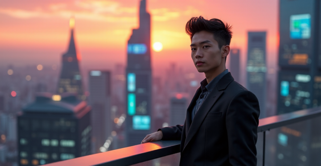 "A young professional stands confidently on a rooftop overlooking a futuristic cityscape at sunset, conveying determination to future-proof their career with adaptable skills."
