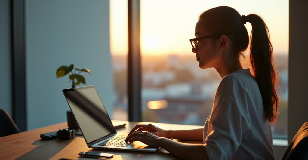 "A young woman sits confidently at a wooden desk, typing on her laptop surrounded by digital devices in a modern living room with natural light pouring in."