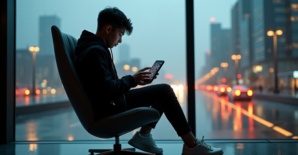 "A young adult sits intently on an industrial chair, focused on a high-tech gadget displaying coding languages and data visualizations, conveying quiet determination and intellectual curiosity to develop future-proof skills."