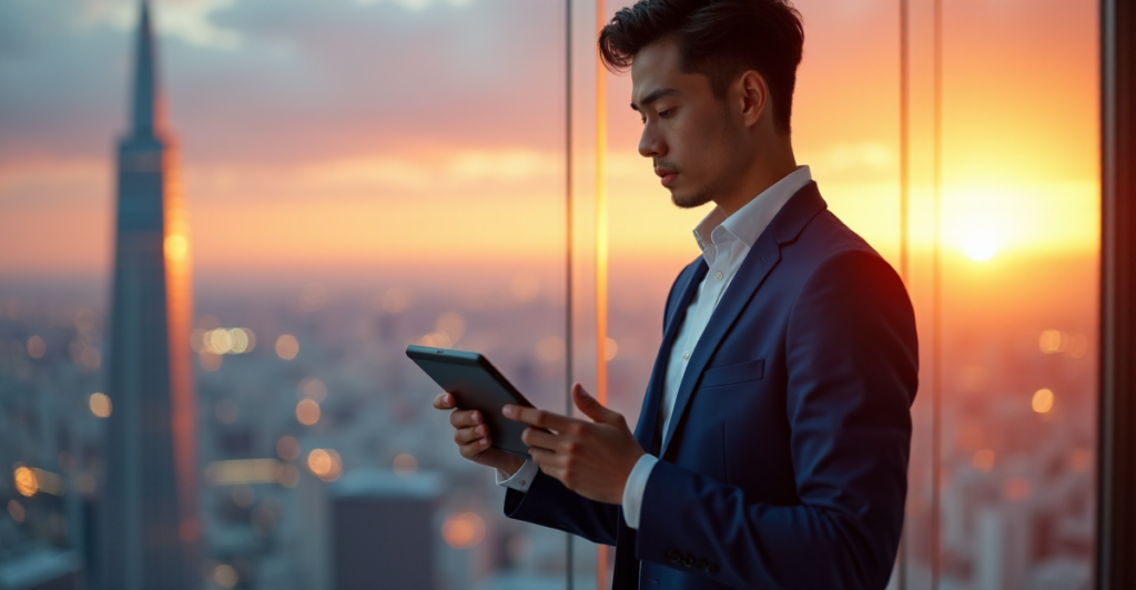 "A young professional stands confidently in front of a futuristic cityscape at sunset, holding a high-tech tablet with an augmented reality interface."