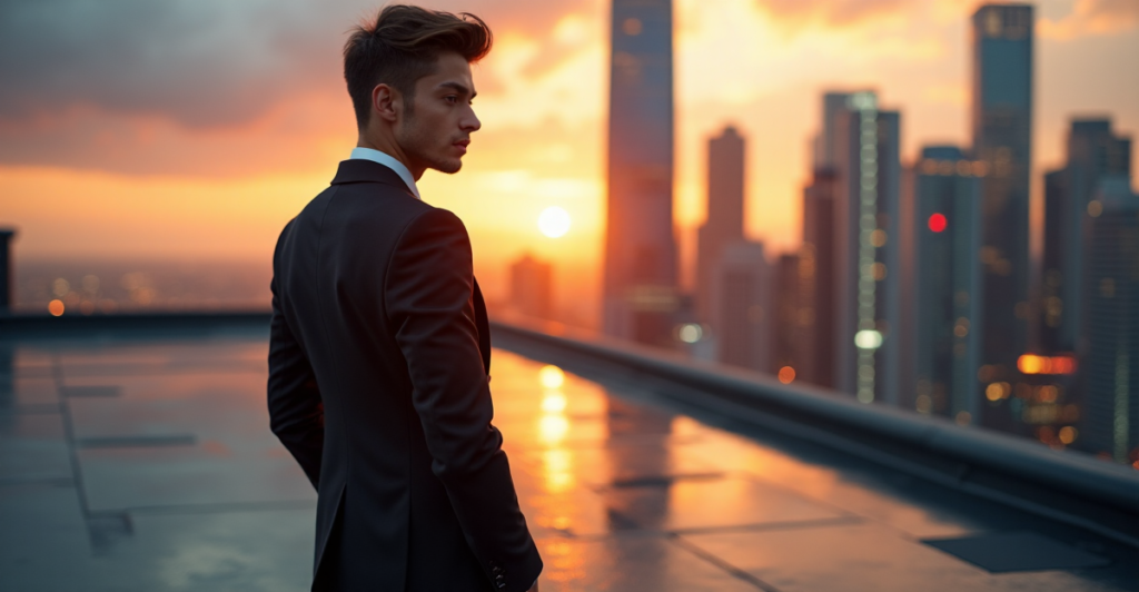 "A young professional stands confidently on a rooftop overlooking a futuristic cityscape at sunset, embodying future-proof skills in an ever-evolving job market."
