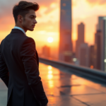 "A young professional stands confidently on a rooftop overlooking a futuristic cityscape at sunset, embodying future-proof skills in an ever-evolving job market."